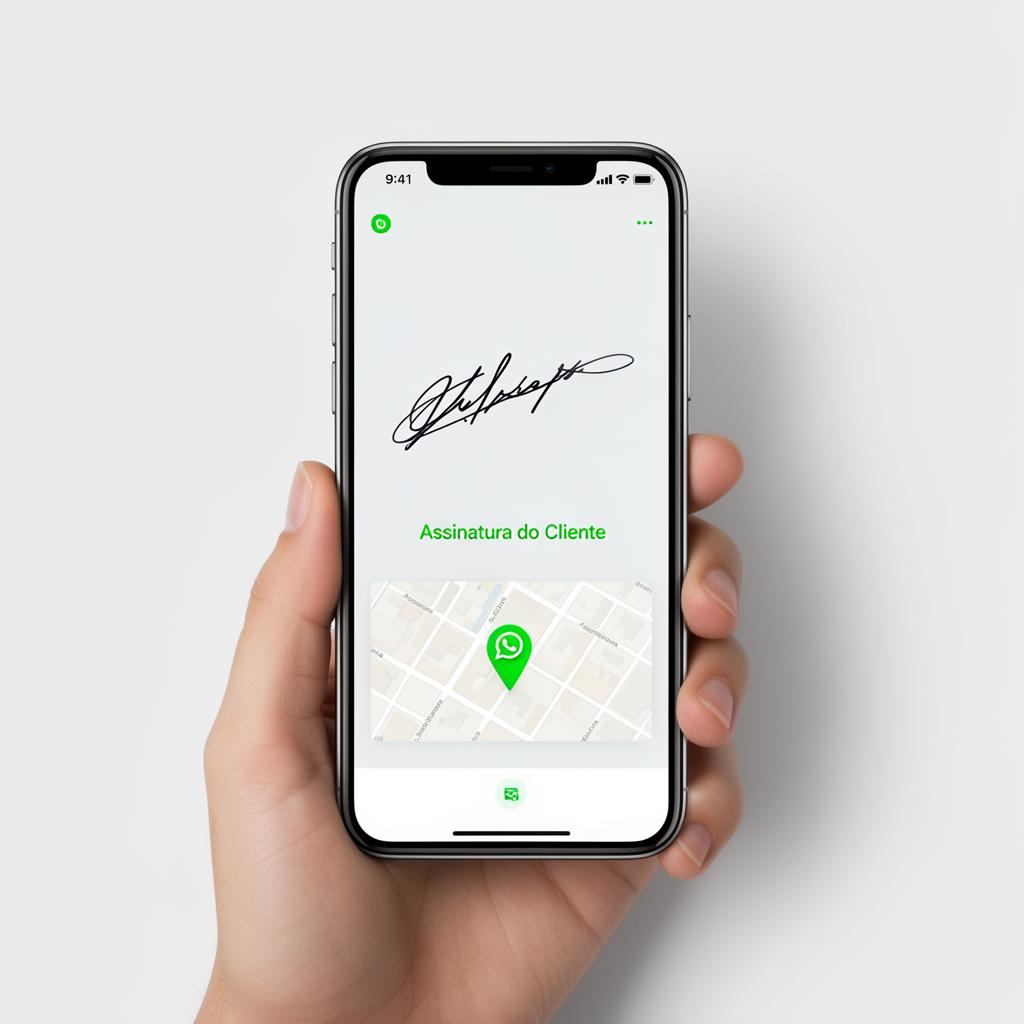 Celular mostrando assinatura digital do cliente com mapa de geolocalização